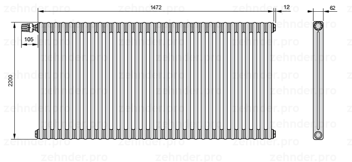 Схема (чертеж) Радиатор Zehnder Charleston 2220/32 №V012 Белый глянцевый RAL 9016